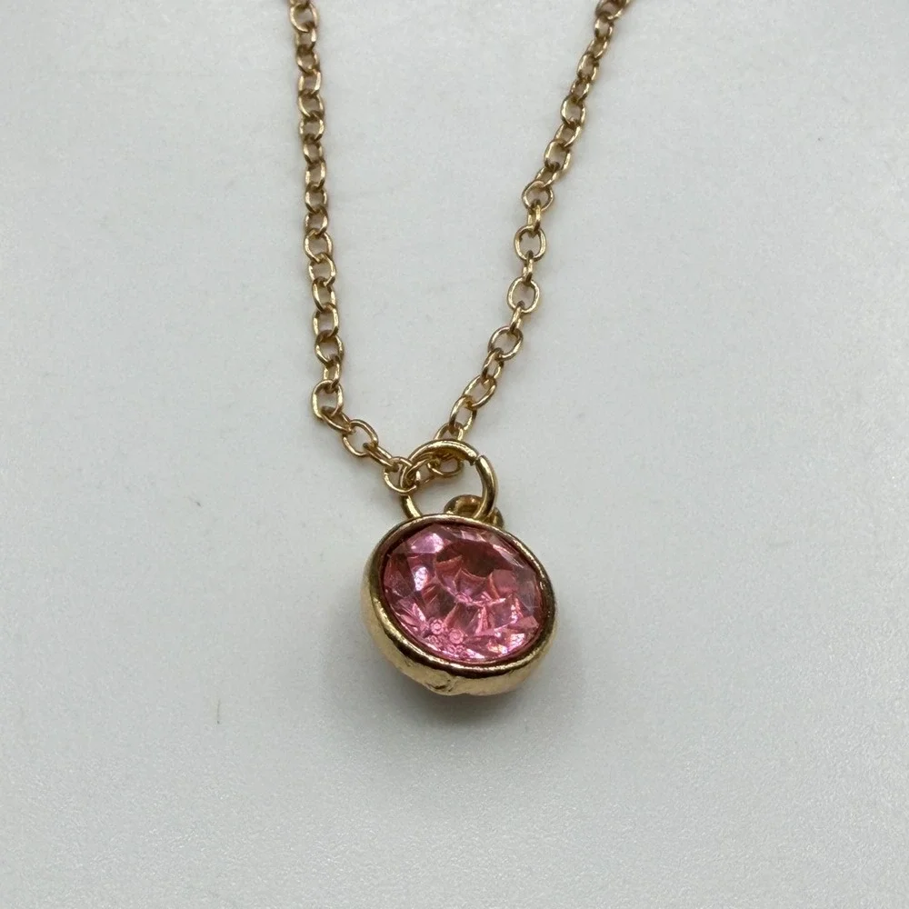Gold Tone Pink Rhinestone Pendant Necklace Round Crystal Adjustable Chain Gift